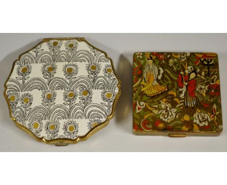 Powder Compacts - a Vogue Vanities shaped square Chinoiserie compact, printed in bright colours with figures in a garden land