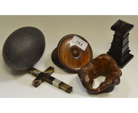 A 19th century oak circular snuff box, 8.5cm diam, made from the timbers of The Shannon;  an Emu egg;  a burr frame, 10cm hig