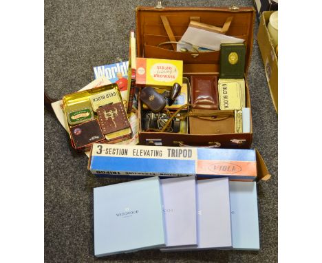 A six-20 folding Brownie, boxed; various photographic equipment including light meters, cased; an early 20th century leathere