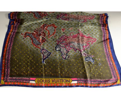 A Louis Vuitton style monogram map silk scarf, 81cm x 176cm