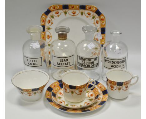 Four reproduction apothecary bottles, Hydrochloric Acid, Nitric Acid , oil etc; part Victorian Staffordshire tea service for 