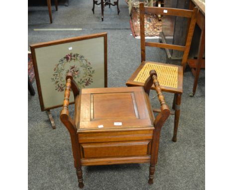 A Victorian mahogany commode; a metamorphic tapestry fire screen; an early 20th century mahogany rush seated side chair (3)