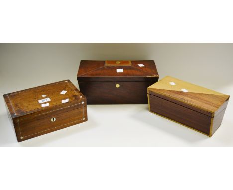 A 19th century mahogany sarcophagus tea caddy, vacant brass cartouche; a 19th century oak tea caddy, mother-of-pearl inlaid; 
