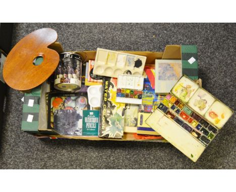 Artists equipment.-  a George Rowney & Co. watercolour palette; ceramic palette; water colours; etc (1 box)