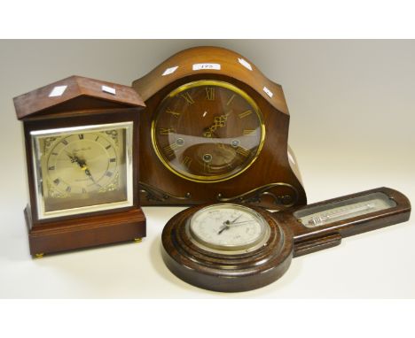 Clocks - early 20th century mahogany mantel clock, Roman numerals, three hole winding holes; early 20th century banjo baromet