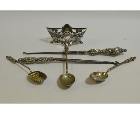 A silver hafted button hook;another; a silver salt; Apostle spoons