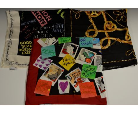 A Moschino silk scarf, various coloured mottoes on black ground, white border bearing phrase 'to be or not to be, that's fash