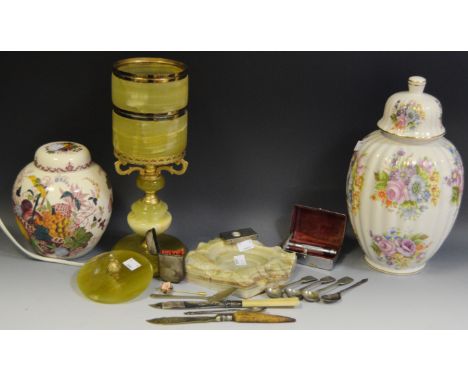 Household Goods - an onyx table lamp; an onyx ashtray; Carnival glass bowl and biscuit jar and cover; Theatre programmes; gin