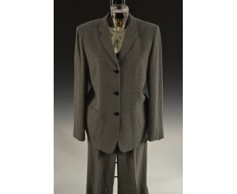 An Armani trouser suit from the Collezioni range, blue and cream dogtooth check linen mix, single breasted three button jacke