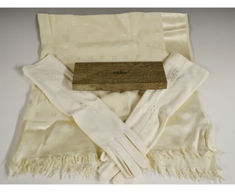 A pair of lady's white long evening gloves, mother of pearl button detail, hand stitched, in original box, William Harvey of 