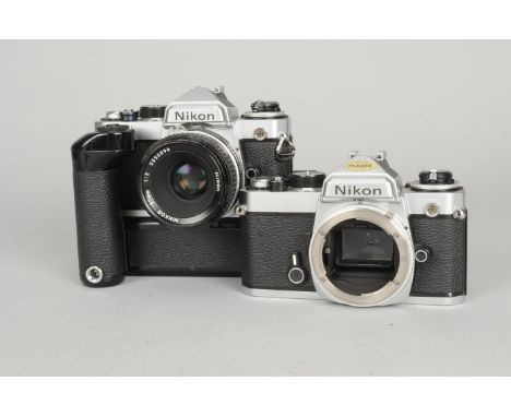 A Nikon FE SLR Camera, chrome, serial no 3264205, shutter working, timer working, body G-VG, light scratches to front, marks 