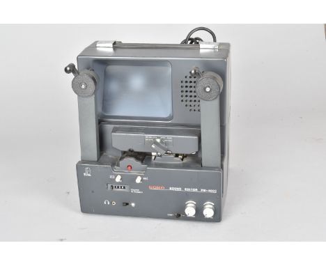 A Goko PM-4000 Motorised Super 8 Sound Editor, 140 x 95mm screen, 6V 10W lamp, 1W amplifier, built-in speaker, playback only,