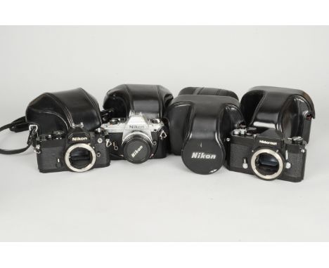 Three Nikon SLR Camera Bodies, a Nikon FM, black, serial no 3354233, shutter working, body G, some marks to base, slight bras