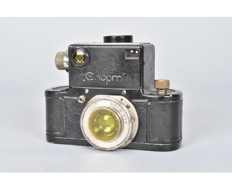 A GOMZ Sport Russian SLR Camera, body F, signs of repainting, shutter working, Industar 10 5cm f/3.5 lens, P-F, haze and fog,