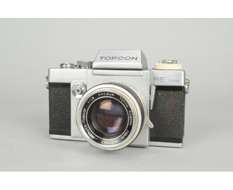 A Topcon RE Super SLR Camera, serial no 4640517, shutter working, body G, wear back,with RE-Auto Topcor 5.8cm f/1.8 lens, ser