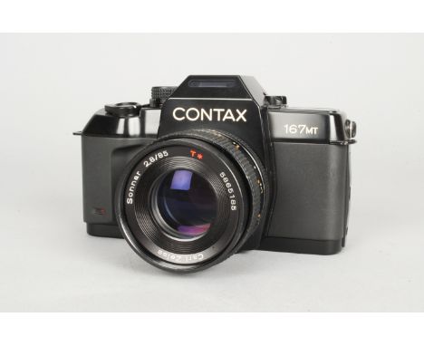 A Contax 167MT SLR Camera, serial no 036607, shutter, camera apears to function correctly, body G, slight brassing to back, w