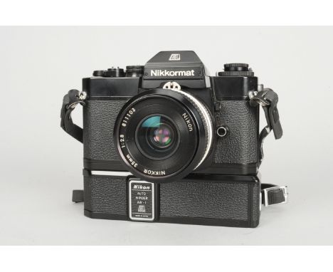 A Nikon Nikkormat EL SLR Camera, black, serial no W7547708, shutter working, timer working, body VG, with Nikkor 35mm f/2.8 l