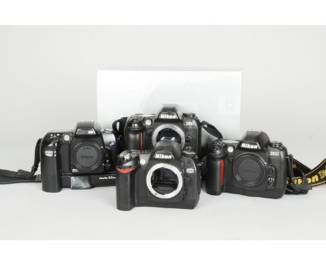 Nikon DSLR Camera Bodies, two D100's, one in maker's box, with manual, charger, another unboxed D110, D70, untested and Finep