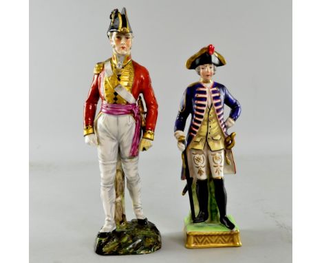 German porcelain model of a 'Grenadier Guard Off Guard Order' with tricorn hat, one gold guard, purple sash and sword as foun