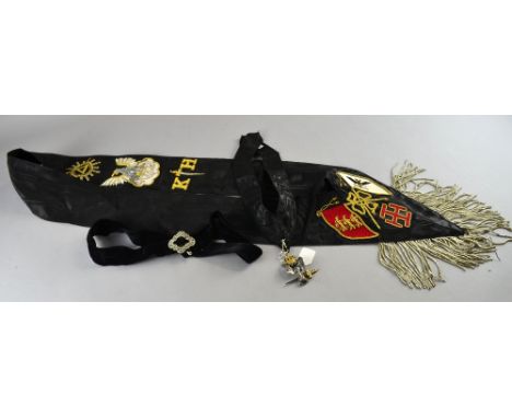 Freemasons black sash decorated with an Eagle and Anchor KH with dagger, and black neck-tie with double headed eagle and dagg