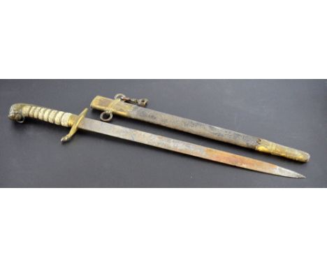 Victorian Naval officer`s short sword with 45.5cm etched blade, lions head pommel and wire bound shagreen grip, in gilt metal