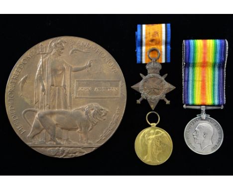 Group of three first world war medals World war I bronze  and memorial death plaque in memory of Serjeant John Appleton, of B