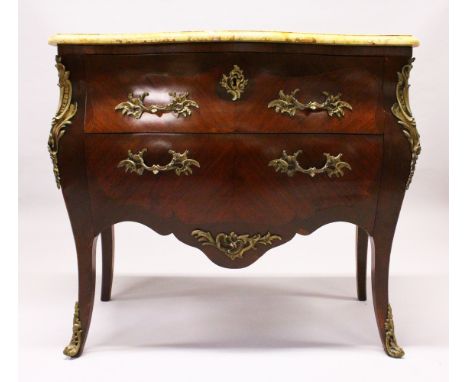 A GOOD 19TH CENTURY FRENCH MAHOGANY, MARBLE AND ORMOLU COMMODE, with a marble top, two drawers, on curving legs. 3ft 2ins wid