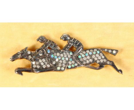 A 9CT GOLD AND SILVER, OPAL AND DIAMOND DOUBLE JOCKEY BROOCH.