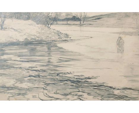 Attributed to Henry Wilkinson (1921-2011) British. A River in Spate, with a man wading out to Fish. Pencil, 8.5" x 13".