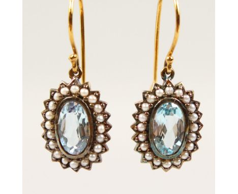 A PAIR OF 9CT GOLD, BLUE OPAL AND PEARL EARRINGS.