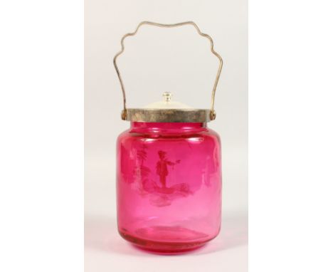 A MARY GREGORY TYPE RUBY GLASS BISCUIT BARREL, with plated top.
