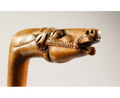 A WALKING STICK, with carved horses head handle. 34ins long.