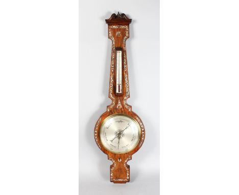 A 19TH CENTURY ROSEWOOD AND MOTHER-OF-PEARL INLAID BAROMETER, with thermometer and engraved silvered dial. 3ft 7ins high.