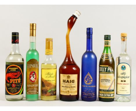 HAIG SCOTCH WHISKY, in an unusual mould glass bottle, lacking contents; together with six bottles of various spirits includin