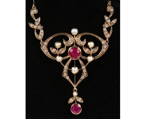 A GOOD 9CT GOLD, RUBY, DIAMOND AND PEARL PENDANT AND CHAIN.