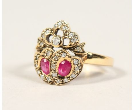 A GOOD 9CT GOLD, RUBY AND DIAMOND RING.