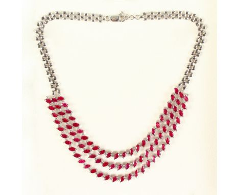 A GOOD 14CT WHITE GOLD TRIPLE ROW RUBY AND DIAMOND NECKLACE, total 16cts approx.