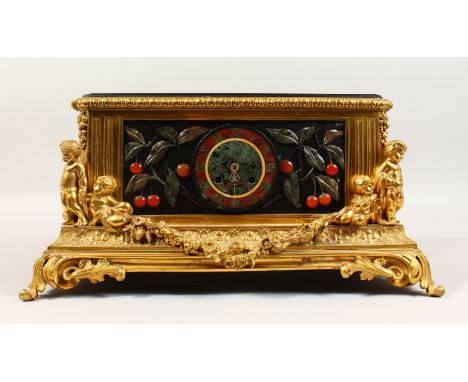 DIDIER VARLET. A SUPERB FRENCH ORMOLU AND PIETRA DURA MANTLE CLOCK, with marble top, the sides with fruit, in an ornate ormol