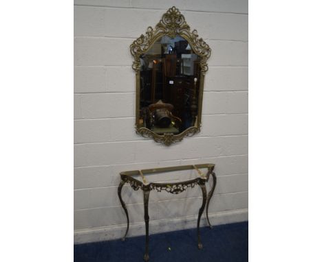 AN ITALIAN GILT METAL CONSOLE TABLE, missing ONYX top, width 102cm x depth 34cm x height 78cm along with a matching wall mirr