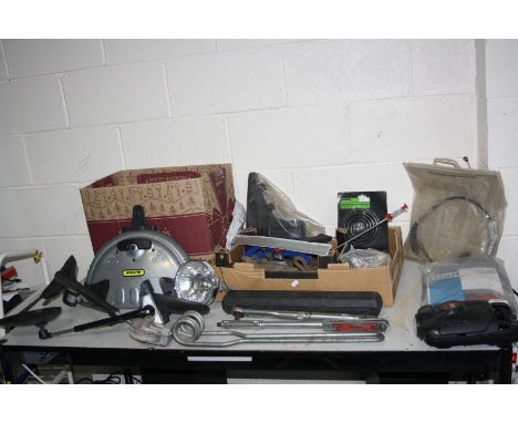 A TRAY AND A BOX CONTAINING AUTOMOTIVE TOOLS AND ACCESSORIES including a pair of caravan extension mirrors, three Torque wren