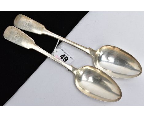 TWO FIDDLE PATTERN SERVING TABLESPOONS, each with an engraved initial 'K' to the handles, one hallmarked London 1830 'James W