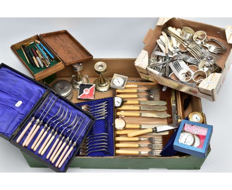 A BOX OF MISCELLANEOUS ITEMS, to include seven pocket watches to include a silver open faced pocket watch, white dial, Roman 