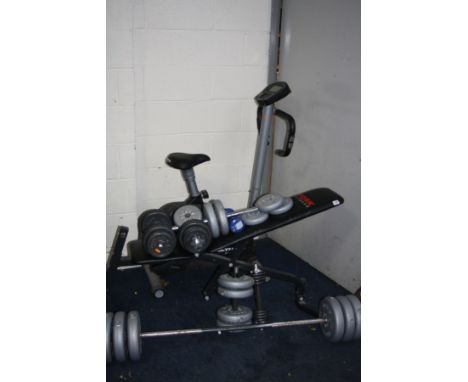 A QUANTITY OF EXERCISE EQUIPMENT including an Olympus Sport exercise bike (distressed) , a York bench with adjustable back , 