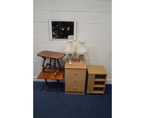 A MODERN BEECH THREE DRAWER BEDSIDE CABINET, together with a Meredew teak folding occasional table, antler occasional table, 