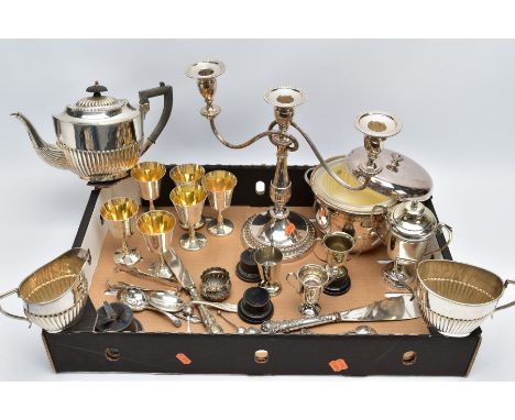 A BOX OF METALWARE, to include an EPNS three piece tea service set comprises of a teapot, creamer and sugar pot, a set of six