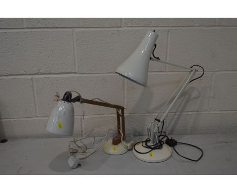 TERENCE CONRAN FOR HABITAT, A MAC NO 3 WHITE DESK LAMP, with faux wood arm (well used condition) along with a white angle poi