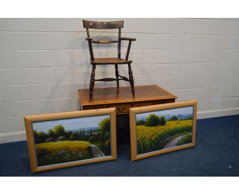 A YEW WOOD PEDESTAL DESK with nine assorted drawers together with two modern beech framed landscape prints and a Victorian fr