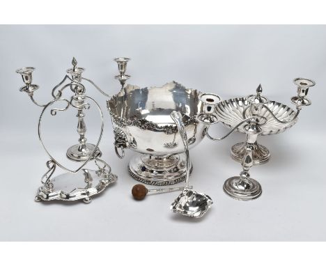 A BOX OF METALWARE, to include a white metal punch bowl with a floral decorative wavy rim, double lion head handles on a circ