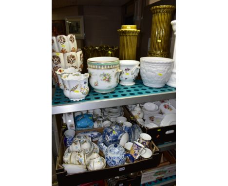 THREE BOXES AND LOOSE CERAMICS, including  assorted planters, jardinières and stands, Broadhurst Ironstone 'Corfu' dinner war