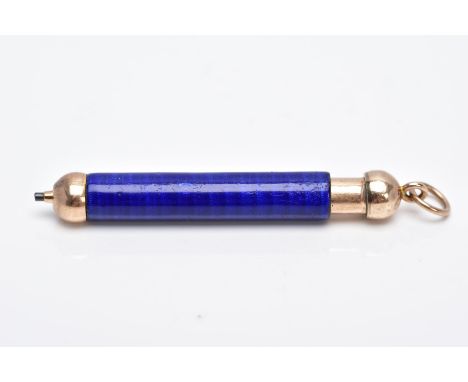 A MINIATURE YELLOW METAL AND BLUE GUILLOCHE ENAMEL RETRACTABLE PENCIL, decorated with a vivid blue guilloche enamel and yello